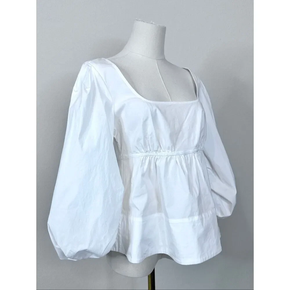 STAUD Sophie Blouse M White Square Neck Babydoll Peplum Puff Sleeve Top